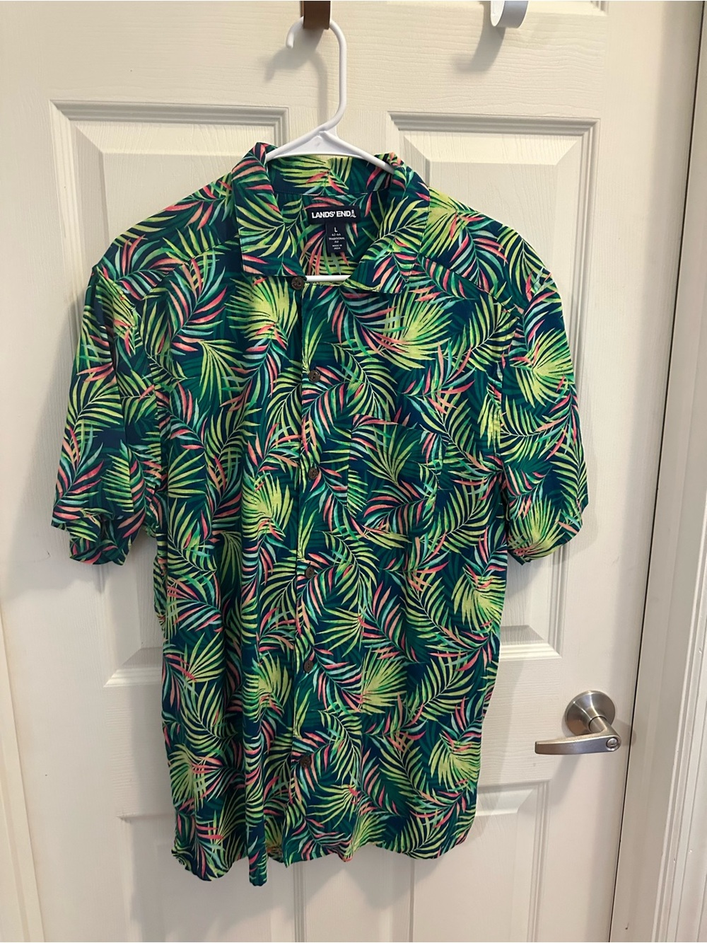 Lands' End Men's Navy Tropical Leaf Short-Sleeve Button-Down Shirt